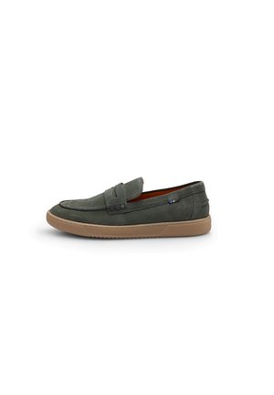 Dark green suede loafers with a rounded toe, stitched detail on the vamp, and a light brown rubber sole. Features minimal hardware accents.