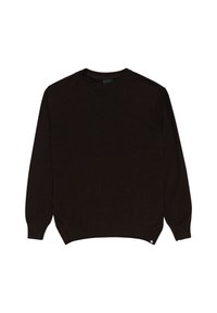 Dunkelbrauner Strickpullover mit Rundhalsausschnitt, langen Ärmeln und gerippten Bündchen. Verfügt über ein kleines Logo am Saum und einen leicht geschwungenen Saum.