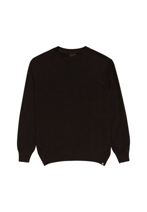 Maglione intrecciato marrone scuro con collo rotondo, maniche lunghe e polsini a coste. Presenta un piccolo logo all'orlo e una parte inferiore leggermente curvata.