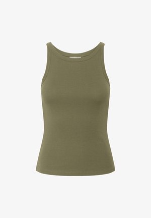 Olivgrön ribbad linne med rund halsringning, smal passform och ärmlös design. Materialet har en slät yta och lätt stretch.