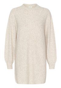 Krémovo sfarbený oversized sveter vyrobený z mäkkej, štruktúrovanej látky. Má okrúhly výstrih a dlhé, trochu puffované rukávy.
