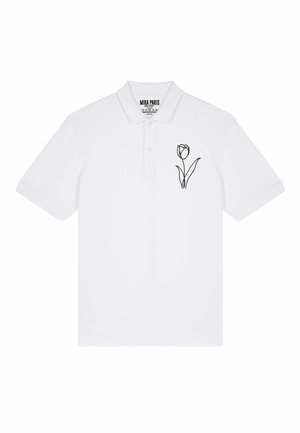Witte polo shirt met een zwarte lijntekening van een tulp op de linkerborst, voorzien van een klassieke kraag en een knopenlijst met drie knopen.