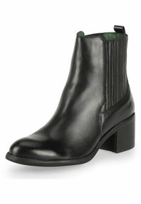 Stivale in pelle nera alla caviglia con punta arrotondata, pannelli laterali elastici e tacco basso a blocco. Rivestimento interno verde e dettagli di cucitura discreti.