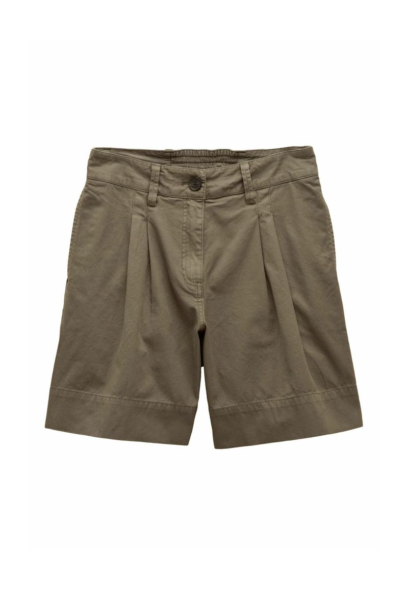 Kaki bavlnené šortky s plisovaným predným dielom, prešívanými detailmi, zapínaním na gombík a bočnými vreckami. Navrhnuté na bežné nosenie.