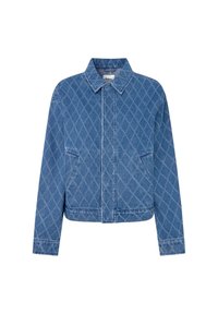 Giacca di jeans blu trapuntata con colletto, maniche lunghe e due tasche frontali. Presenta una chiusura con zip e una texture a motivo romboidale.