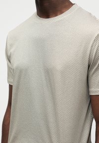 Majica kratkih rukava, s okruglim izrezom, svijetlosive boje s teksturiranim uzorkom malih geometrijskih oblika. Meki materijal s prozračnim završnim slojem.