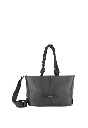 Sac tote en cuir noir avec une finition texturée, des poignées supérieures tressées, une bandoulière réglable et un patch logo à l'avant.