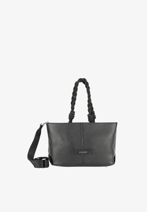 Sac tote en cuir noir avec une finition texturée, des poignées supérieures tressées, une bandoulière réglable et un patch logo à l'avant.