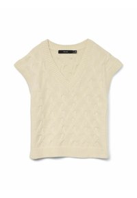 Gebreid, crèmekleurig sweater met een V-hals en mouwloze kapmouwen. Kenmerkt zich door een gestructureerd kabelpatroon en een geribbelde zoom. Zacht, lichtgewicht materiaal.