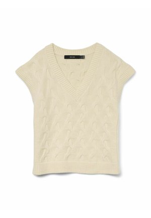Strickpullover in Cremefarbe mit V-Ausschnitt und kurzen Ärmeln. Besitzt strukturierte Zopfmuster und einen gerippten Saum. Weiches, leichtes Material.