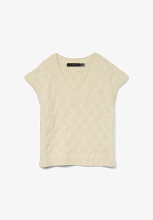 Pull en maille couleur crème avec un col en V et des manches courtes. Présente des motifs en câble texturés et un ourlet côtelé. Matière douce et légère.