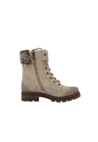 Béžové kotníkové boty s texturovaným umělým kožíškem na manžetě, bočním zipem, kulatou špičkou a šněrováním vpředu. Odolná gumová podrážka s dezénem.