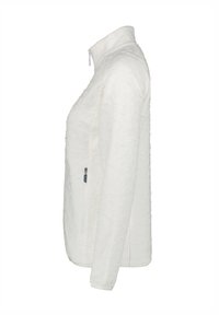 Weiße Jacke mit strukturiertem Muster, hohem Kragen und Reißverschlusstasche an der Seite. Verfügt über lange Ärmel und ein figurbetontes Design.