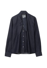 Camicia a maniche lunghe in denim scuro con dettaglio al collo a cravatta, dotata di una chiusura con bottoni e una vestibilità leggermente oversize. Tessuto strutturato con una finitura liscia e lucente.