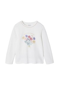 White long-sleeve shirt in soft cotton featuring a floral design with pastel colors and the text “born to be a dreamer” in gold.