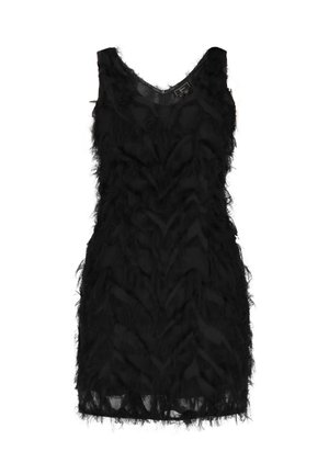 Musta hihaton mekko, joka on valmistettu teksturoidusta kankaasta ja joka sisältää höyhenmäisiä yksityiskohtia sekä tiukan leikkauksen. Mekon helma on läpikuultava.