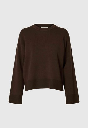 Pull court brun avec manches longues, ourlet côtelé, col rond classique, texture douce et design minimaliste.