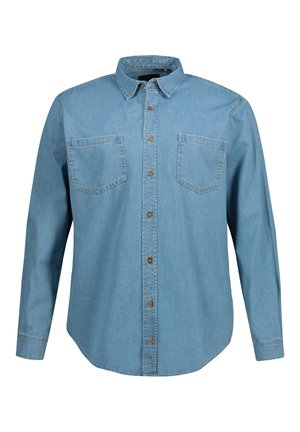 Jasnoniebieska koszula dżinsowa z długimi rękawami, kołnierzykiem na guziki i dwiema kieszeniami na piersi. Posiada złote guziki i zaokrąglony dół.