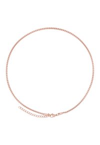 Collana in oro rosa con un design torcigliante, superficie liscia e chiusura a molla con estensione regolabile.