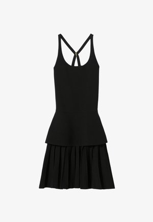 Robe noire sans manches avec un corsage ajusté et une jupe évasée plissée. Caractéristiques : bretelles croisées et découpe en forme de trou de serrure dans le dos.