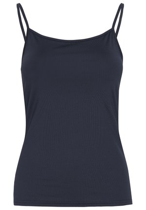 Top de camisolă albastru închis cu bretele subțiri, realizat dintr-un material moale și elastic. Caracterizat printr-un design ajustat și o textură netedă, fără modele sau accente vizibile.