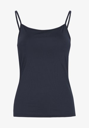 Navyblauw tanktop met dunne bandjes, gemaakt van zachte, rekbare stof. Heeft een aansluitend ontwerp en een gladde textuur, zonder zichtbare patronen of accenten.