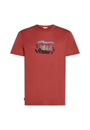 Red cotton t-shirt featuring a graphic print of cartoon characters holding a banner with the word "ICEBREAKER" in blue and black accents.