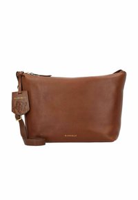 Borsa a pochette in pelle marrone con chiusura a zip, dotata di un etichetta staccabile con un motivo in rilievo e di una tracolla per il trasporto. Branding dorato sul fronte.