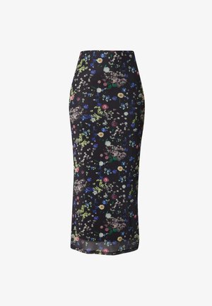 Bloemenpencilrok met een zwarte achtergrond, met een multikleurige variatie van bloemen in roze, blauw en groen. Gemaakt van een gladde stof.