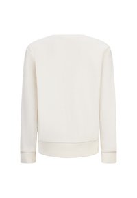 Pullover di colore beige chiaro, collo a giro, maniche lunghe, polsini e orlo a coste. Tessuto liscio, design minimalista senza loghi visibili.