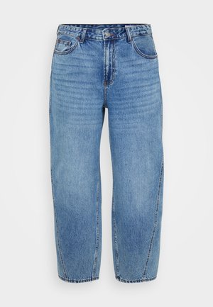 Light blue denim jeans with a relaxed fit, mid-rise waist, five pockets, and contrasting stitching. Soft fabric with a subtle texture.