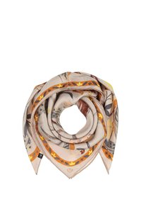 Foulard en soie beige avec un motif floral. Présente des accents orange et jaune le long des bords. Texture douce avec une forme carrée.