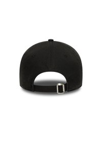 Black cap with a smooth texture and a curved brim. Features an adjustable strap at the back with a metal buckle for size adjustment.