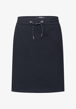 Navy blauwe rok van textuurstof, met een tailleband van trekkoord met metalen uiteinden en een rechte snit. Geschikt voor casual wear.