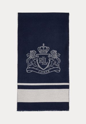 Prosop de culoare albastru marin, având un design țesut cu un blazon ce prezintă lei și o coroană, accentuat de două benzi orizontale gri în partea de jos.