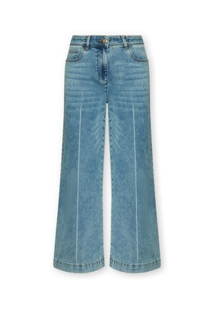 Light blue denim wide-leg jeans with front seam details, classic five-pocket styling, and button closure at the waistband.