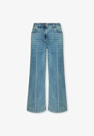 Jasnoniebieskie dżinsy z szerokimi nogawkami, z detalami szwów z przodu, klasycznym stylem z pięcioma kieszeniami oraz zapięciem na guzik w pasie.