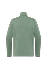 Pull vert à manches longues avec col montant. Présente un tissu texturé et des coutures détaillées sur les épaules et les côtés. Sans fermetures visibles.