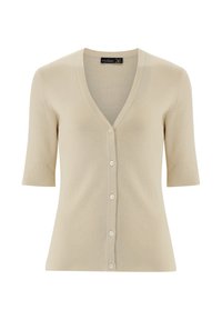 Beige gerippter Cardigan mit kurzen Ärmeln, V-Ausschnitt und sechs Knöpfen auf der Vorderseite. Weicher Stoff und figurbetonte Passform.