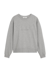 Grauer Sweatshirt aus weichem Material, mit Rundhalsausschnitt, langen Ärmeln und erhabenem Text "MO'PD Mare O'Polo DENIM" auf der Vorderseite.
