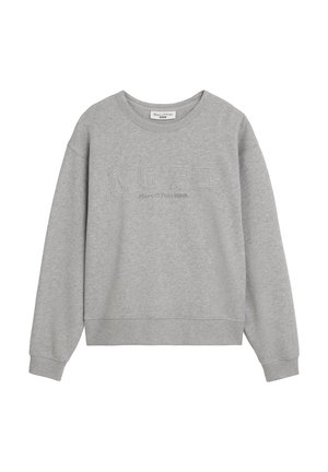 Grijze sweatshirt van zachte stof, met een ronde hals, lange mouwen en reliëftekst "MO'PD Mare O'Polo DENIM" aan de voorkant.