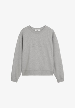 Szary polarowy sweter z miękkiego materiału, z okrągłym dekoltem, długimi rękawami i wytłoczonym napisem "MO'PD Mare O'Polo DENIM" z przodu.