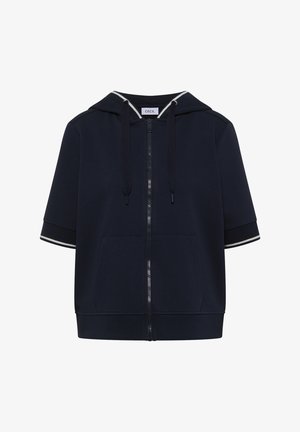 Sweat à capuche zippé à manches courtes bleu marine avec poches avant, cordons noirs et bordure blanche sur le bord de la capuche et les poignets.