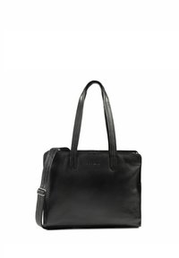 Bolso de cuero negro con dos asas largas, un acabado texturizado y cierre de cremallera. Presenta un discreto logotipo en relieve en la parte frontal.