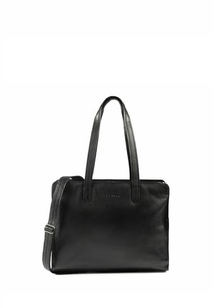 Borsa a mano in pelle nera con due manici lunghi, una finitura texturizzata e una chiusura con zip. Presenta un logo embosso discreto sulla parte anteriore.