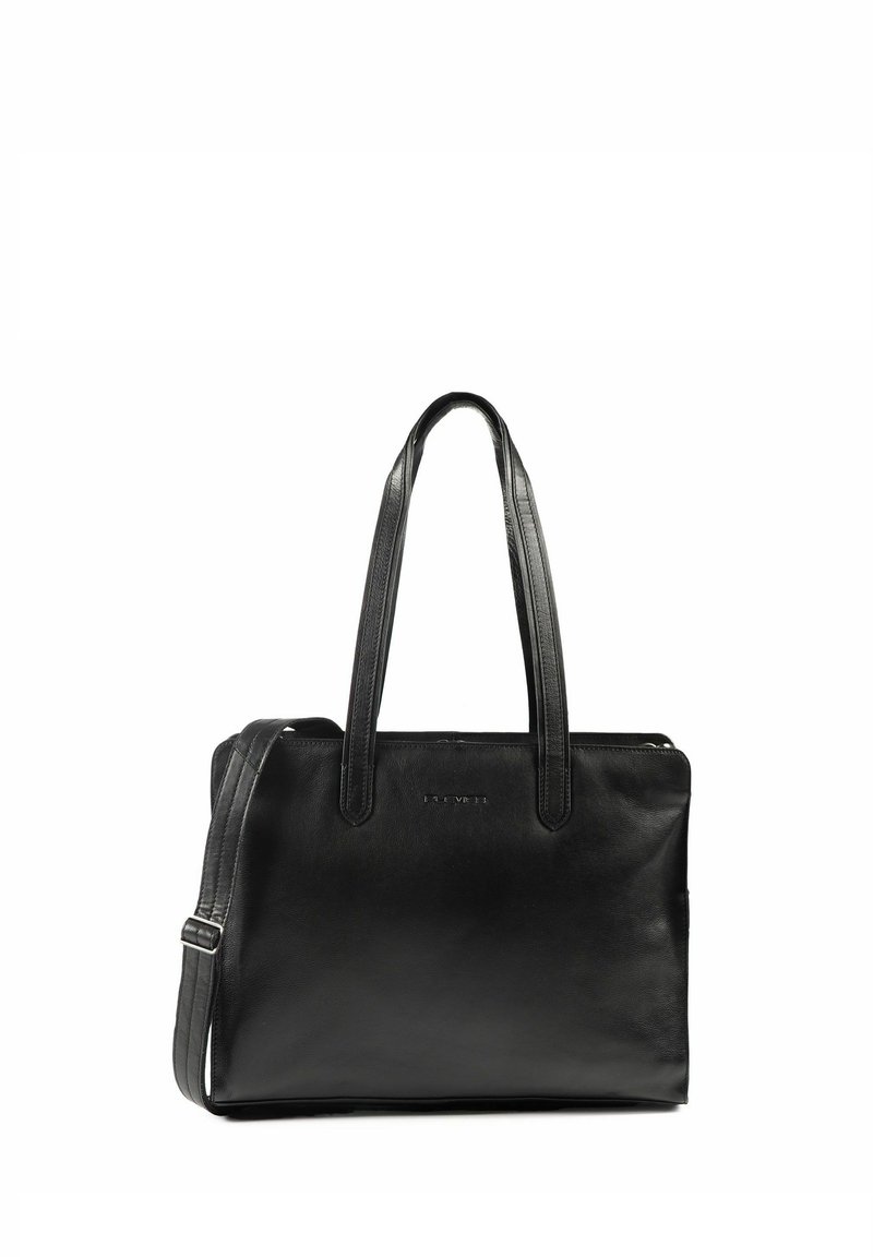 Bolso de cuero negro con dos asas largas, un acabado texturizado y cierre de cremallera. Presenta un discreto logotipo en relieve en la parte frontal.