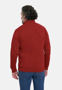 Sudadera roja con cremallera y cuello alto, hecha de material suave. Manga larga y dobladillo acanalado, vista desde atrás. Jeans azules visibles.