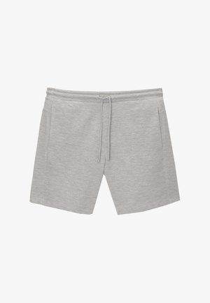 Grå bomuldsshorts med en blød tekstur, elastisk talje, snor i lukningen og to sidelommer. Simpelt design uden synlige mønstre.