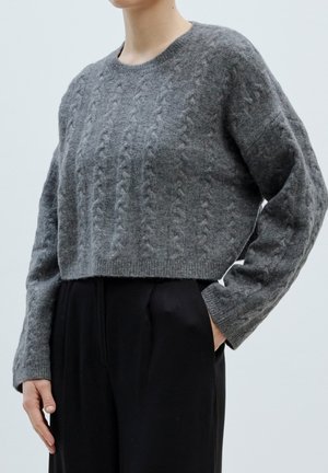 Grauer, kurz geschnittener Pullover mit Zopfmuster, Rundhalsausschnitt und langen Ärmeln. Über einer schwarzen Hose aus einem weichen, strukturierten Material getragen.