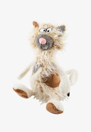 Peluche de chat avec un pelage duveteux blanc et fauve, un visage gris et un nez rose. Il présente des yeux brodés et des accents en tissu texturé.